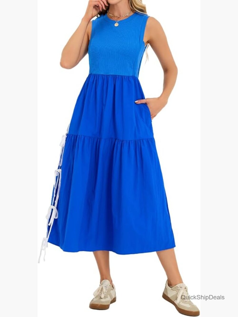 Sleeveless Midi Dress Side Tie Knit Tank Tiered Flowy Skirt Pockets Summer